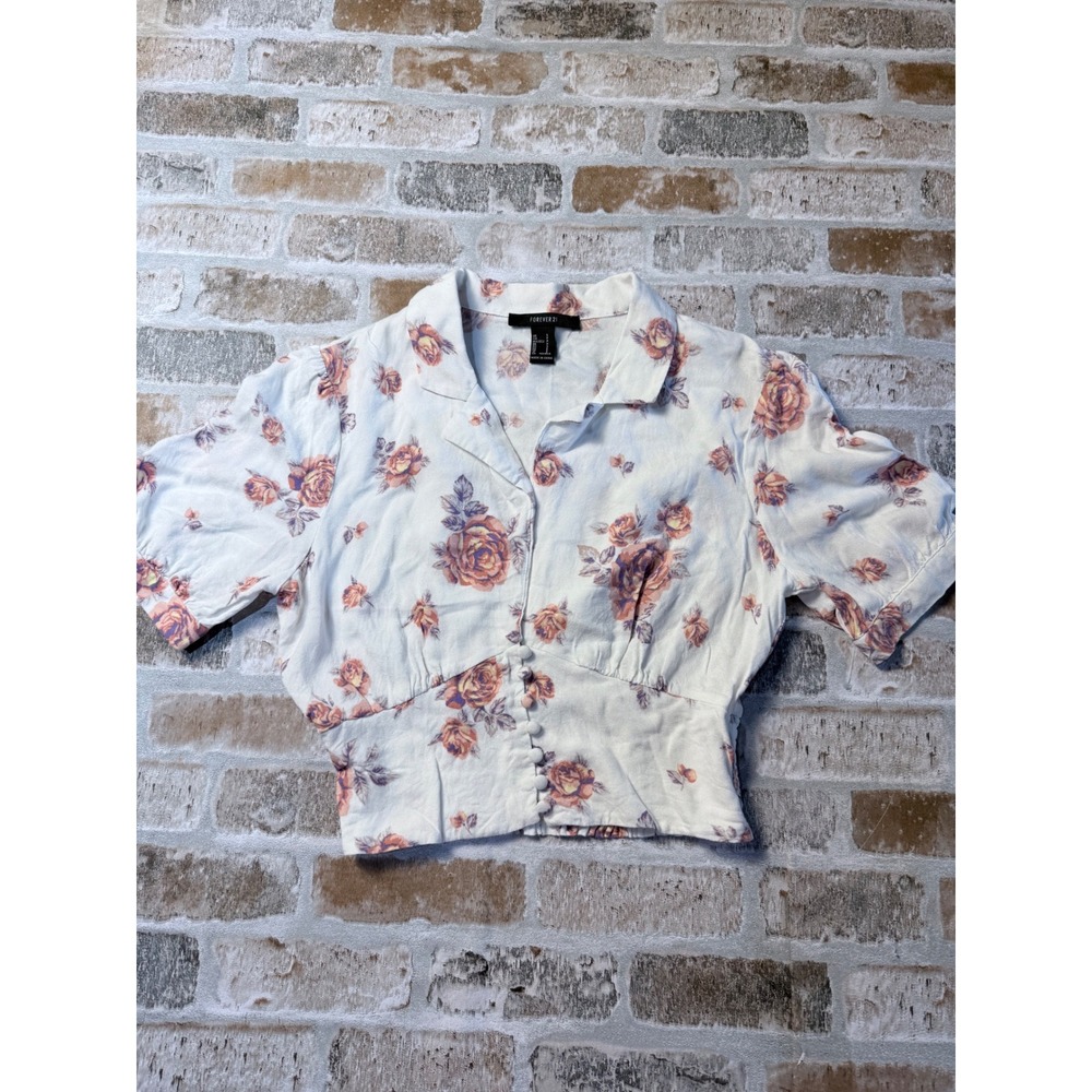 Forever 21 Womens Floral Crop Top Short Sleeve Button Front Smocked Blouse Small
